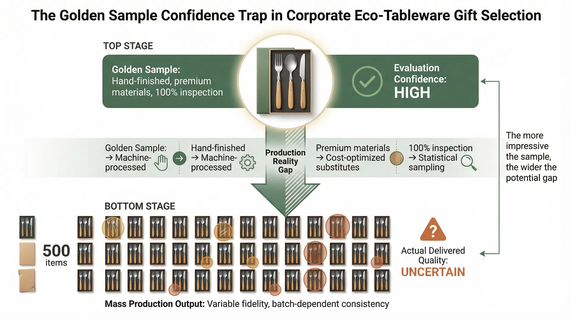 Flow diagram illustrating the golden sample confidence trap, showing how a hand-finished sample with premium materials and full inspection creates high evaluation confidence, while the production reality involves machine processing, cost-optimized substitutes, and statistical sampling that produces uncertain delivered quality