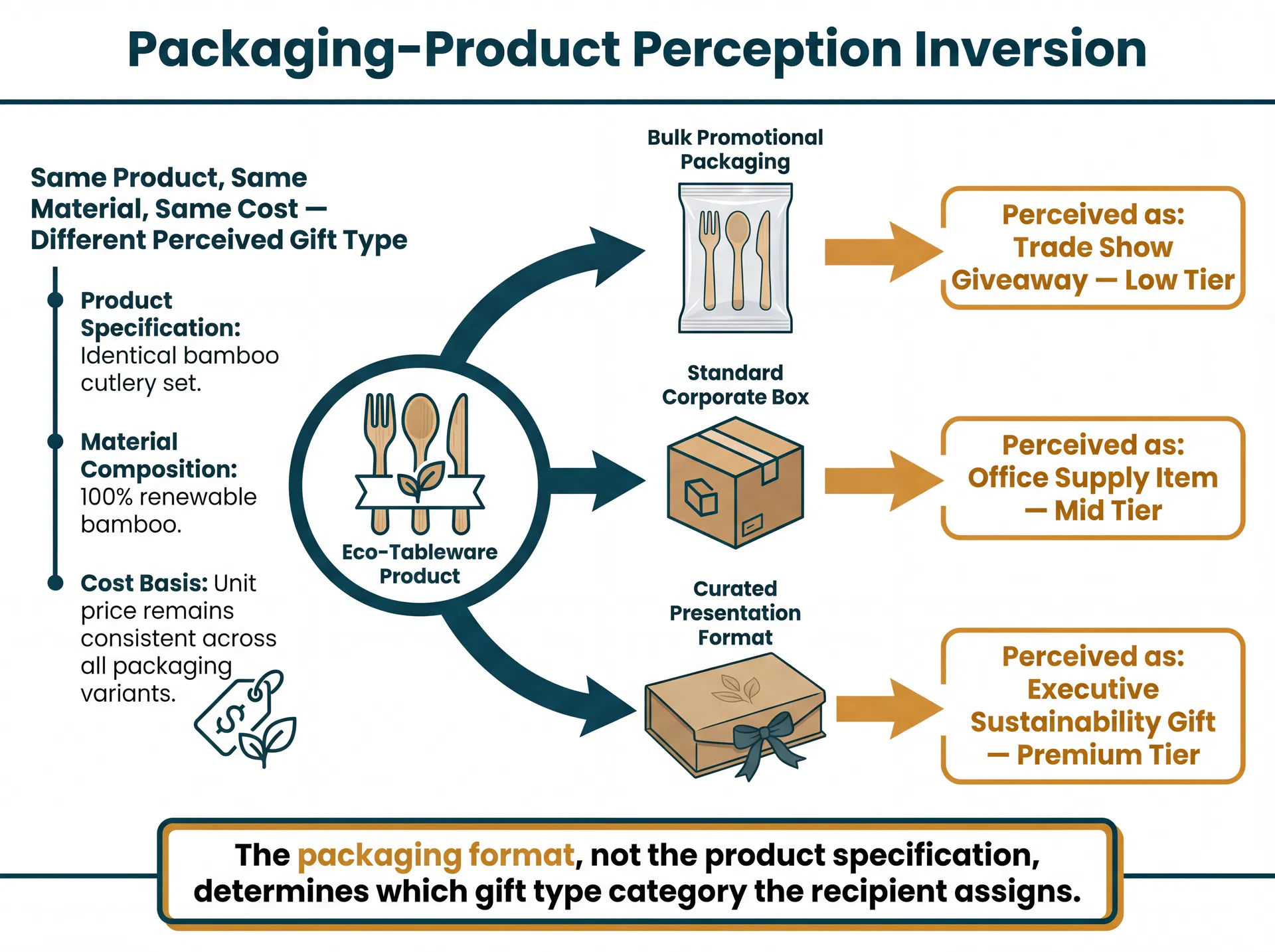 Concept diagram showing how the same eco-tableware product is perceived as three different gift type categories depending on packaging format, from trade show giveaway in bulk packaging to executive sustainability gift in curated presentation format