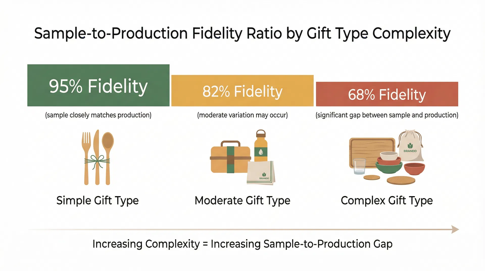 Concept diagram showing how different eco-tableware gift type categories carry different sample-to-production fidelity ratios, with simple types maintaining high fidelity and complex multi-material types showing significant quality degradation from sample to mass production