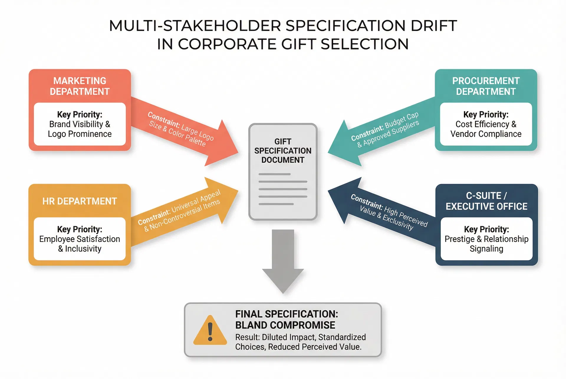 Multi-stakeholder specification drift diagram showing how marketing, procurement, HR, and C-suite departments each inject competing constraints into a central gift specification document, resulting in a bland compromise that satisfies no original business objective