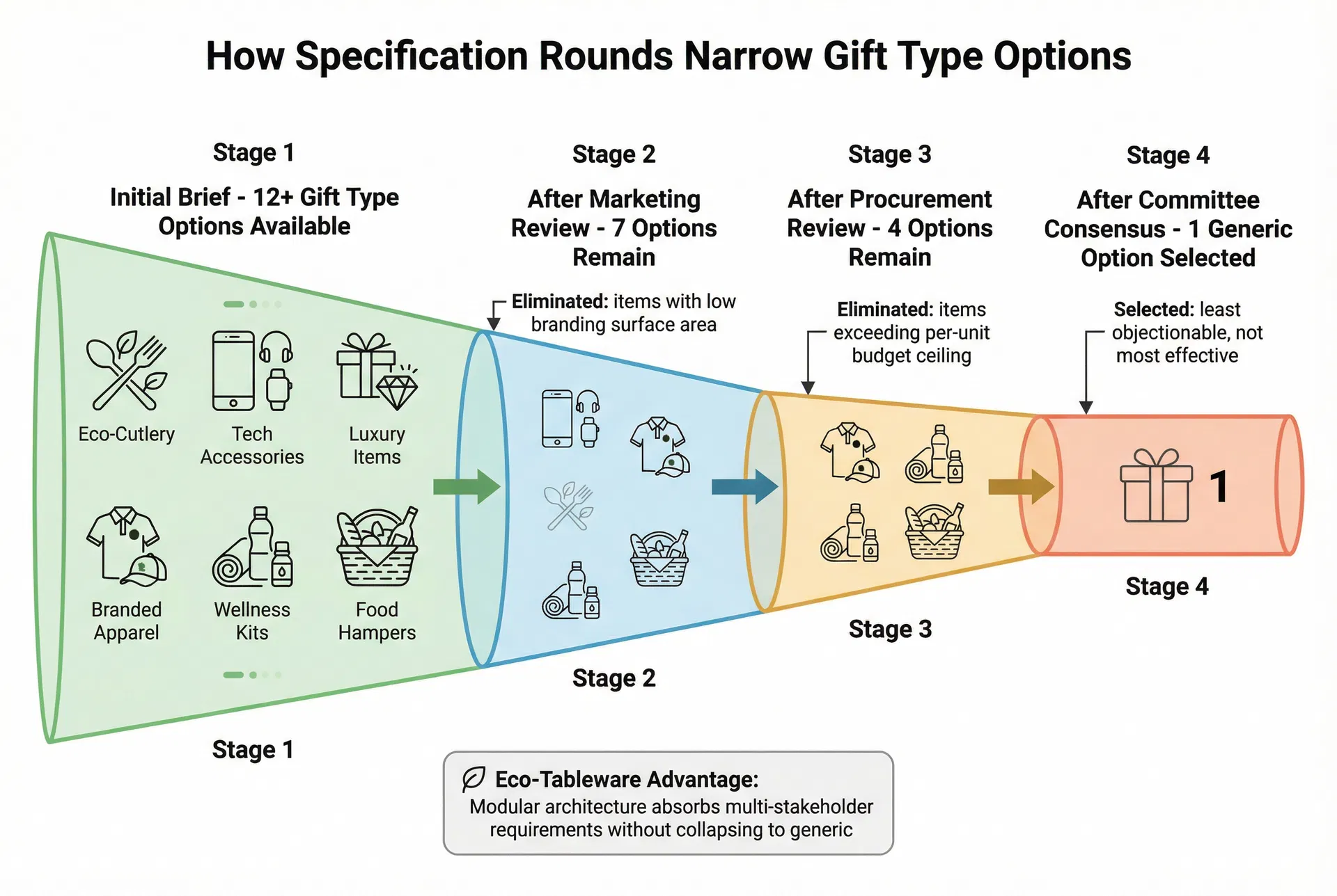 Funnel diagram showing how specification review rounds progressively narrow available gift type options from twelve-plus configurations at initial brief stage to a single generic option after committee consensus, with each stage eliminating options based on different departmental constraints