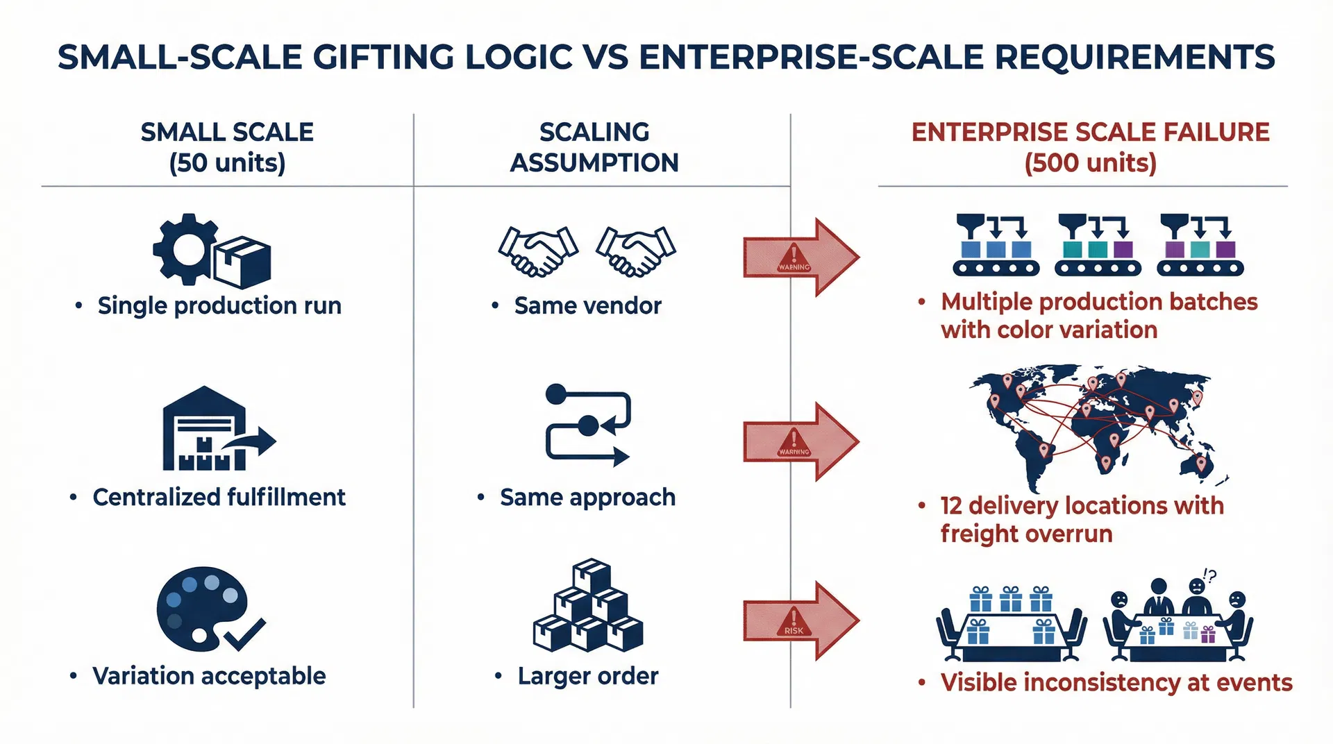 Diagram showing how small-scale gifting logic creates systematic problems at enterprise scale, with three structural incompatibilities: batch consistency, fulfillment architecture, and customization standardization