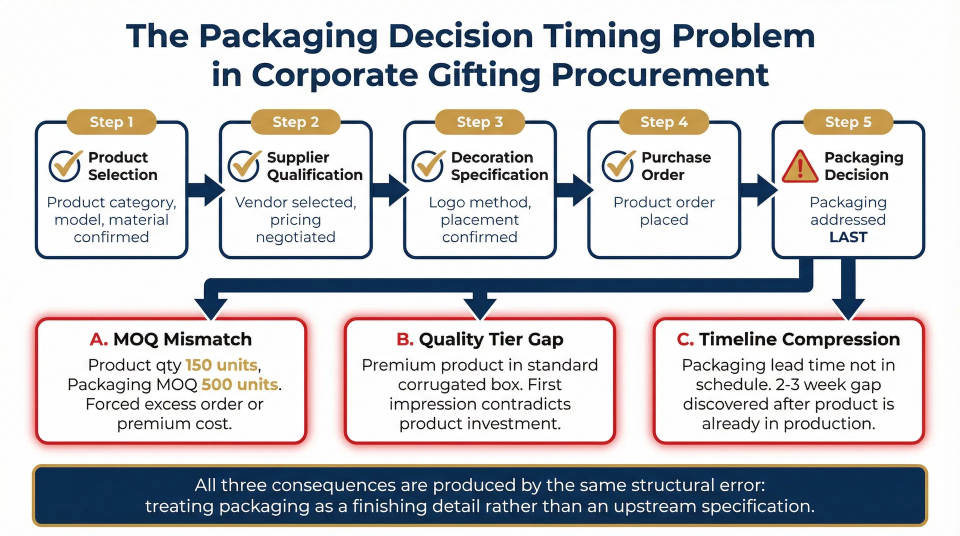 The Packaging Afterthought Trap: Why Treating Gift Packaging as a Finishing Detail Rather Than an Upstream Specification Produces MOQ Conflicts, Quality Tier Gaps, and Timeline Failures Simultaneously