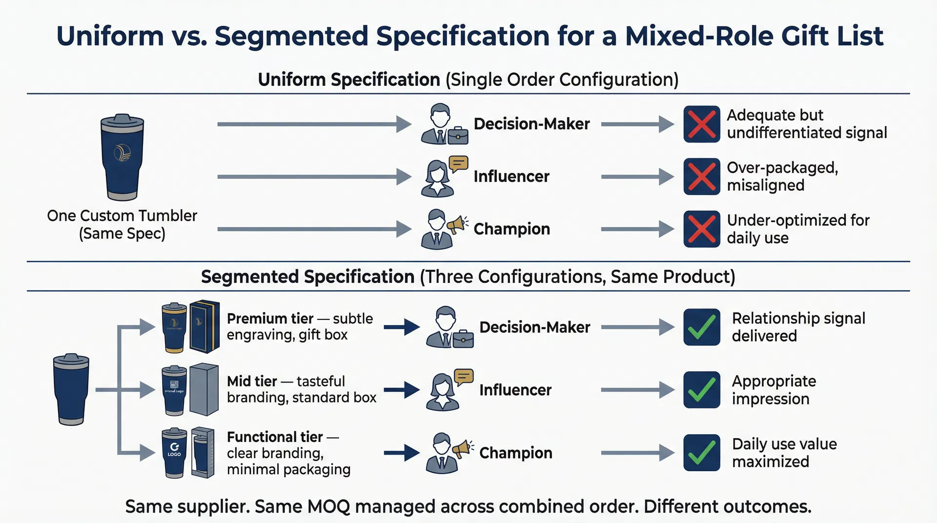 Comparison diagram showing how the same custom drinkware specification — product, packaging, and branding — produces different relationship outcomes when applied uniformly to decision-maker, influencer, and champion recipient roles versus when specifications are differentiated by role