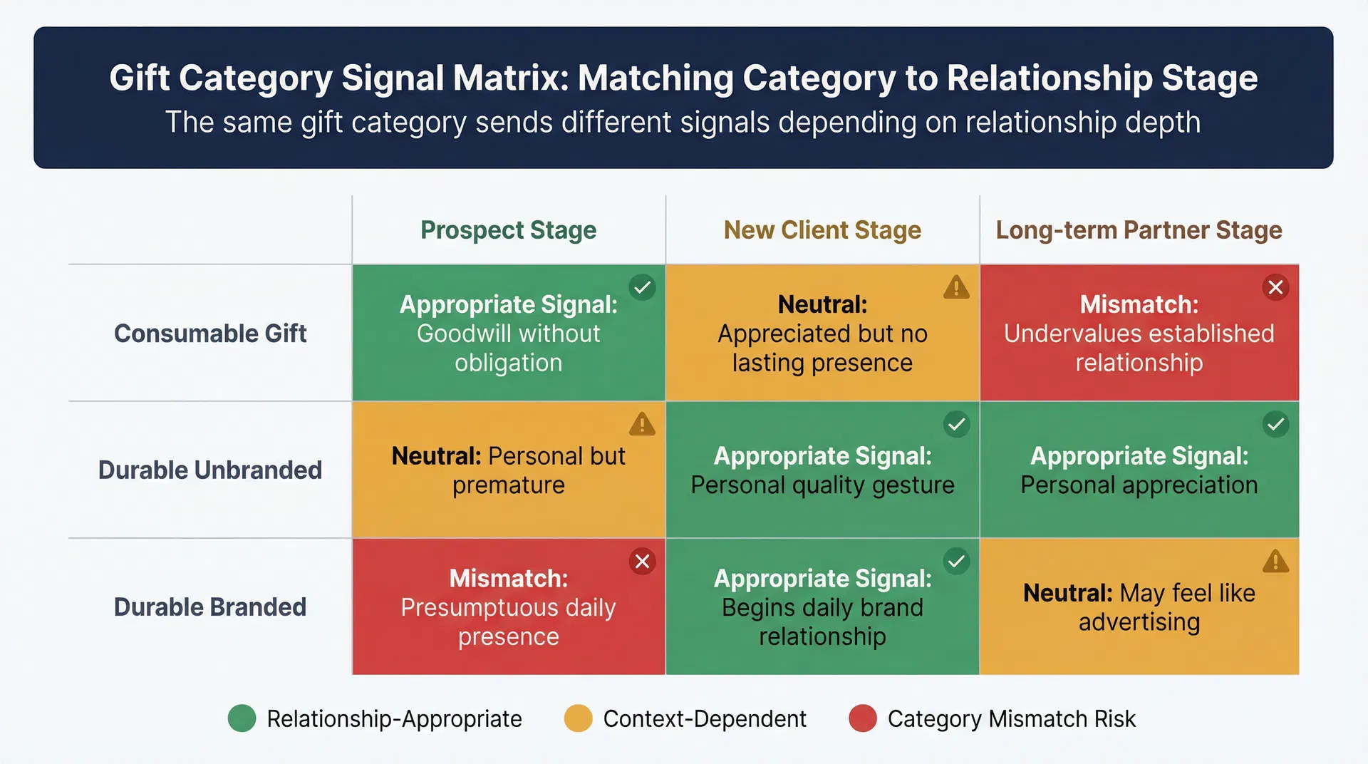 Matrix showing how gift category sends different relationship signals at different business relationship stages