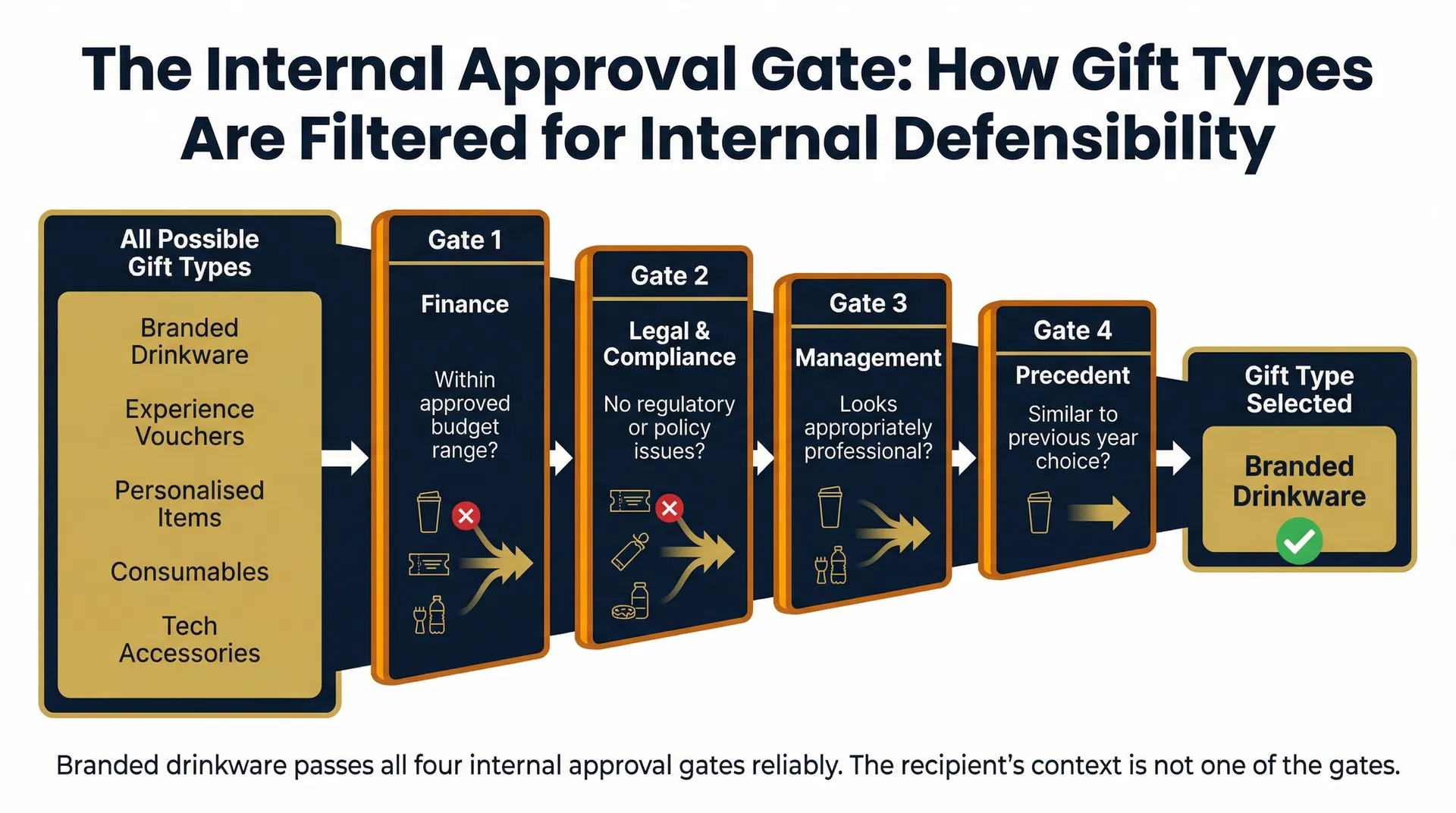 Funnel diagram showing how gift types are filtered through four internal approval gates — Finance, Legal and Compliance, Management, and Precedent — with branded drinkware passing all four gates while other gift types are eliminated at earlier stages