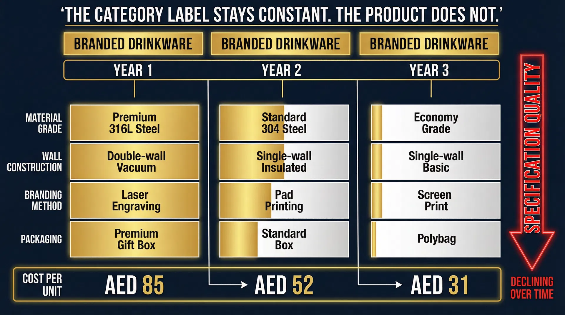 Specification drift across three procurement cycles showing how branded drinkware quality declines from premium to economy grade while the category label remains unchanged
