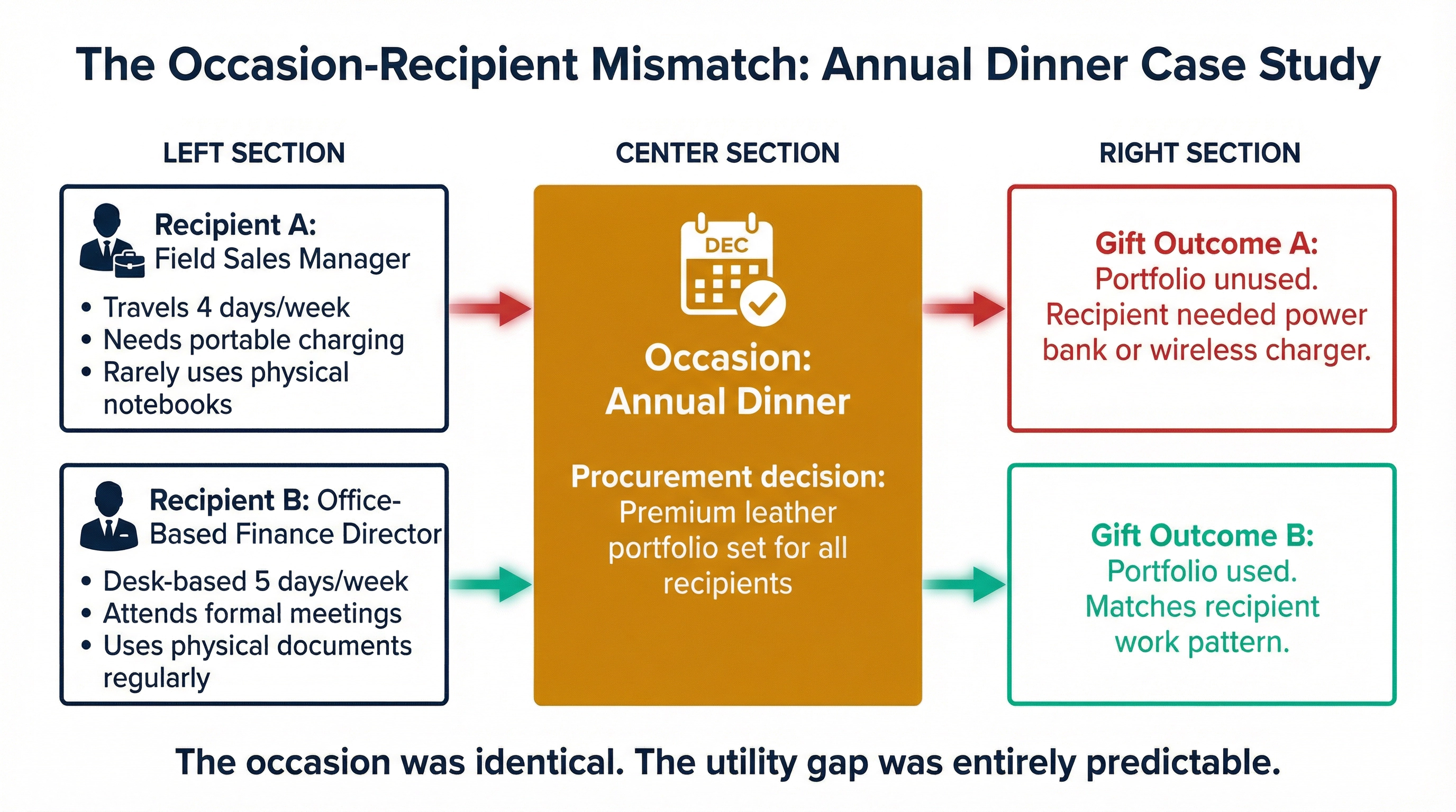Annual dinner case study showing how the same occasion produces different utility outcomes for a field sales manager versus an office-based finance director receiving identical leather portfolio gifts