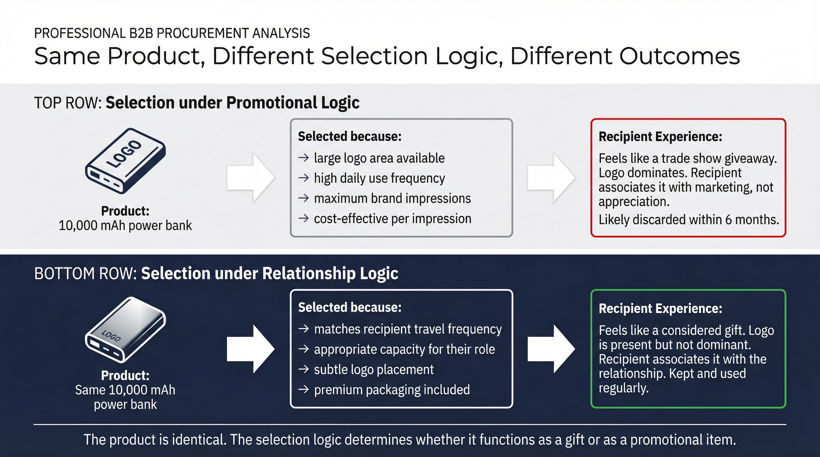 Two-row analysis showing how the same power bank selected under promotional logic versus relationship logic produces entirely different recipient experiences, despite identical product specifications