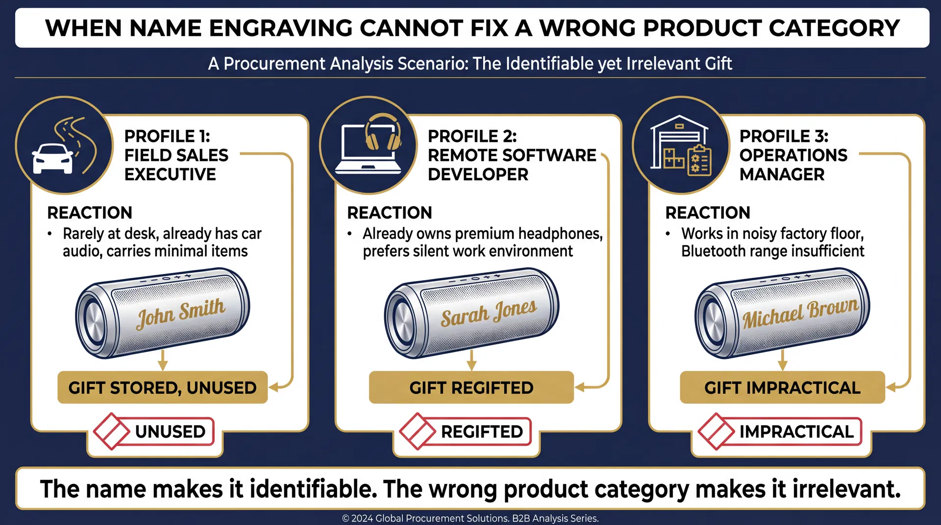Scenario diagram showing how the same engraved tech accessory produces unused, regifted, or impractical outcomes for three recipient profiles with different work contexts