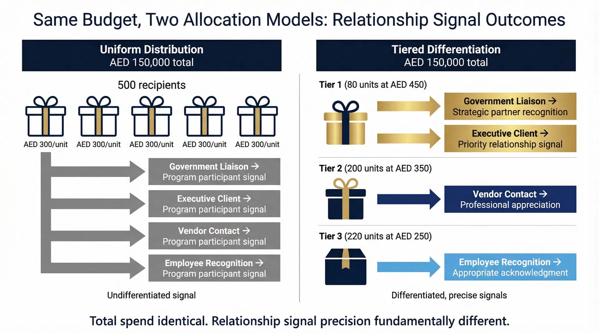 Comparison showing how the same total budget produces different relationship outcomes when allocated as uniform versus tiered gift types