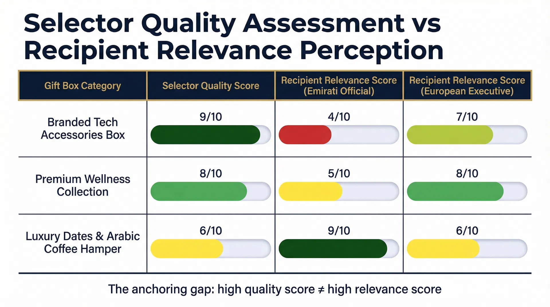 Comparison showing how the same three gift box categories score differently on the selector's quality metric versus the recipient's relevance metric across cultural contexts