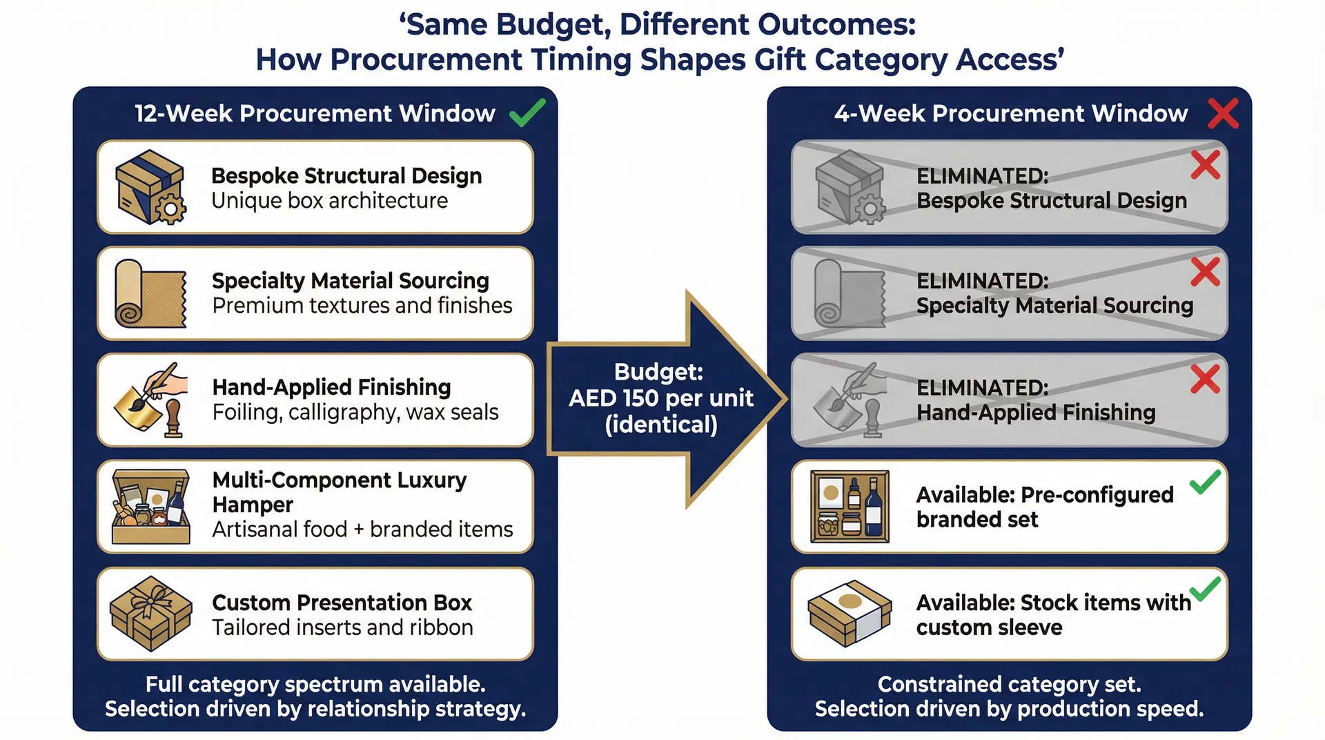 Comparison showing how the same budget produces different gift category outcomes depending on whether procurement begins twelve weeks or six weeks before the delivery date