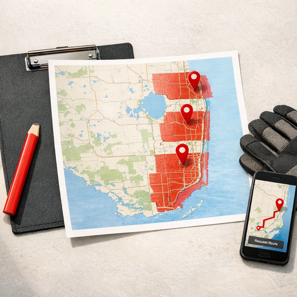 South Florida tri-county service area map for Miami-Dade, Broward, and Palm Beach coverage
