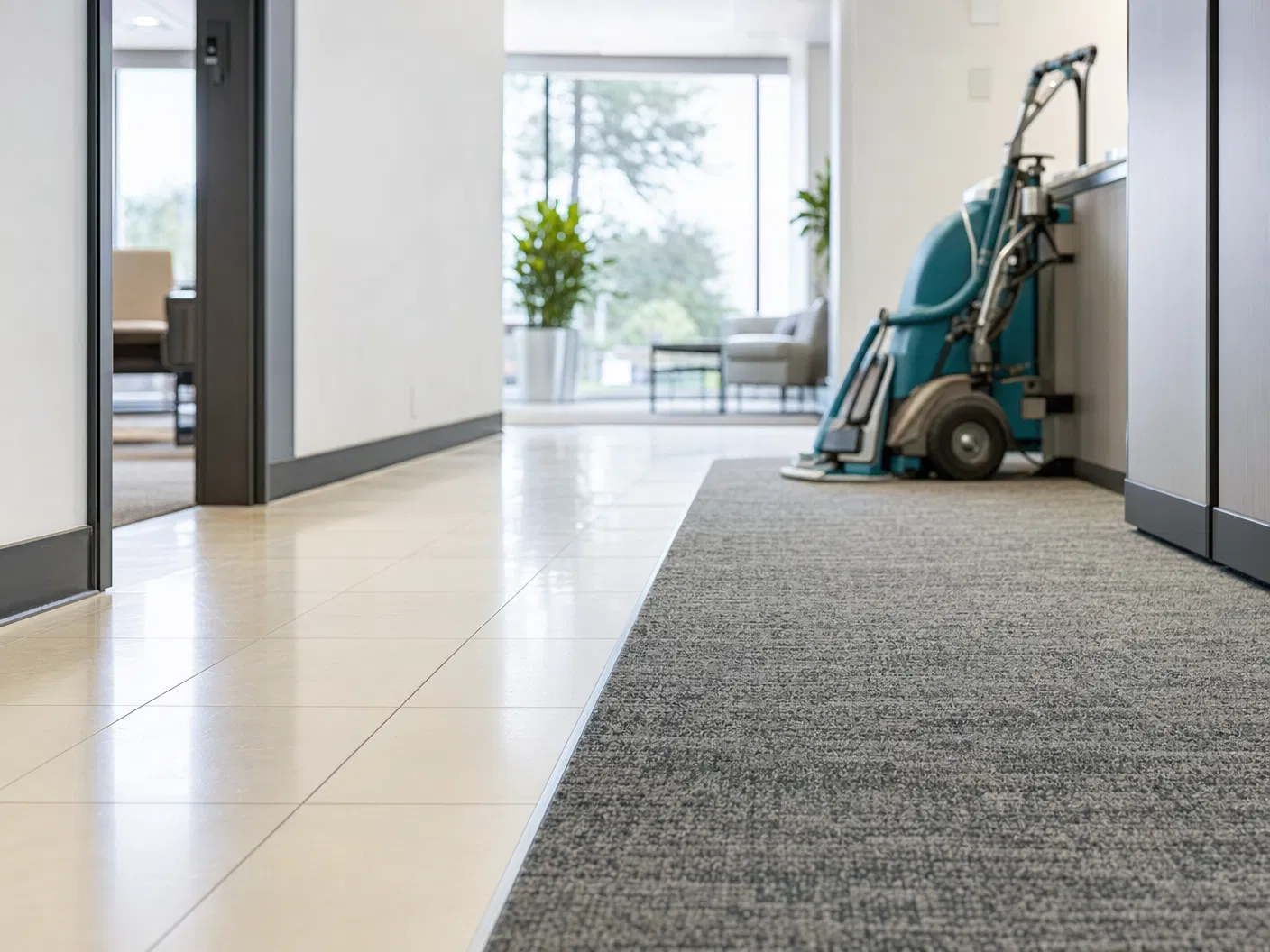 Commercial carpet and hard-surface floor care materials in a clean workspace