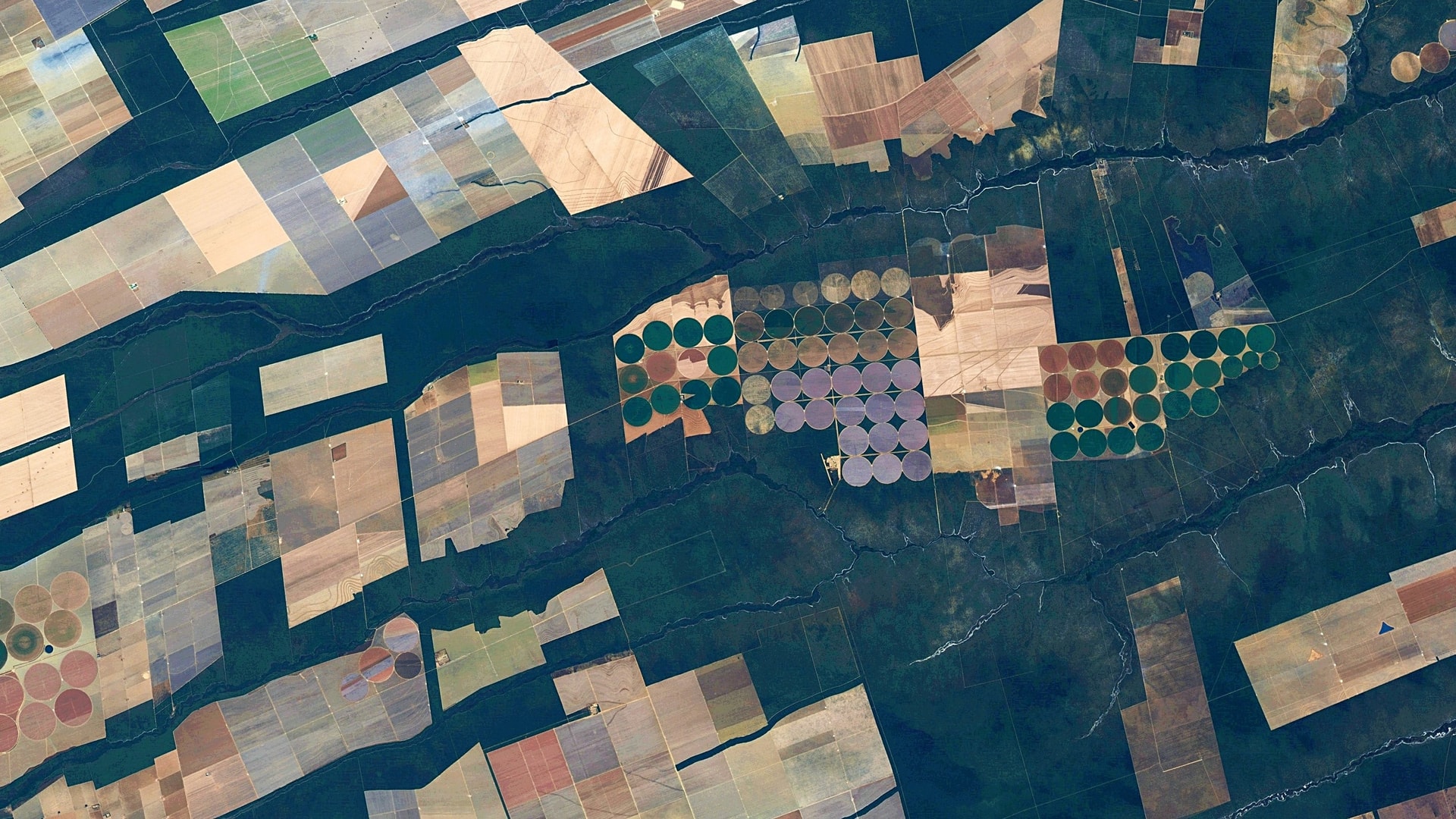 Cena de satélite do Cerrado, com áreas agrícolas retangulares e circulares entre faixas de vegetação; imagem da câmera MUX do CBERS-4 em 2024.