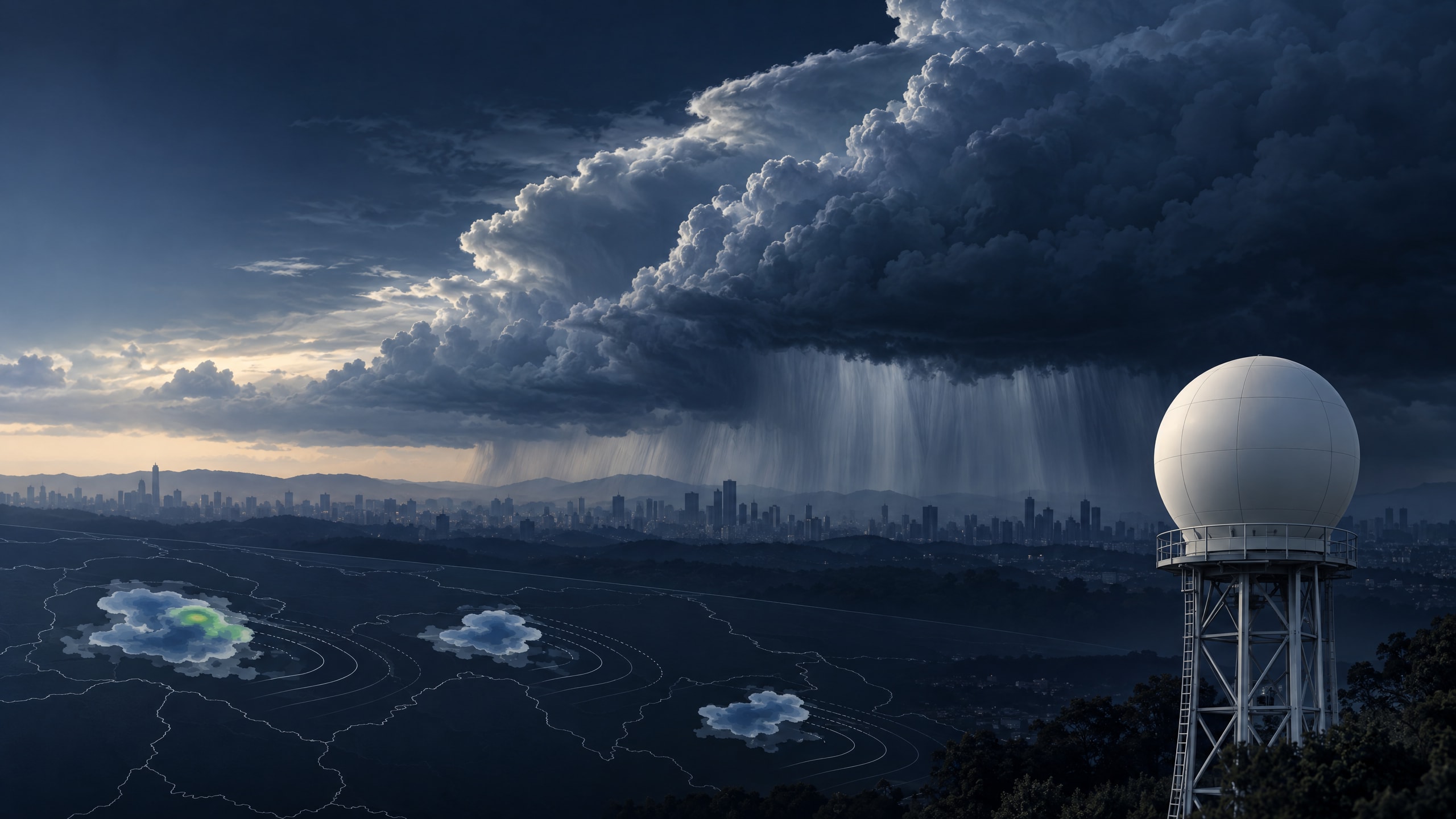 Ilustração editorial gerada por IA de radar meteorológico e tempestades; não representa a estação real de Ponte Nova nem dados de previsão.