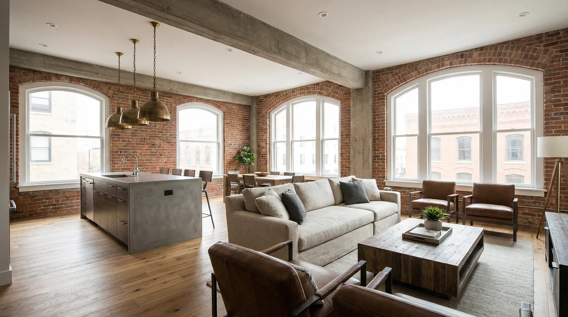 Modern industrial open concept living room and kitchen remodel