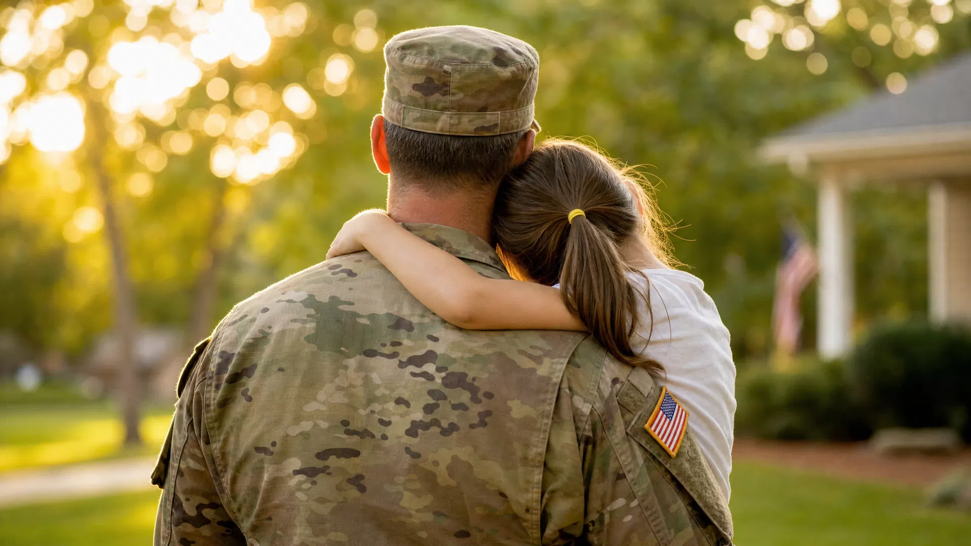Veteran holding a child from behind