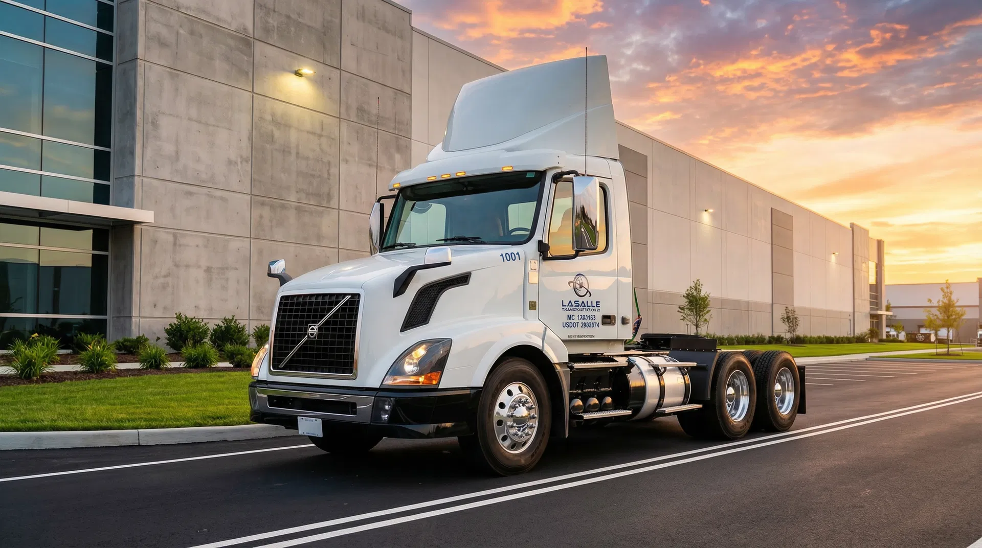 LaSalle Transportation branded Volvo truck at modern logistics facility