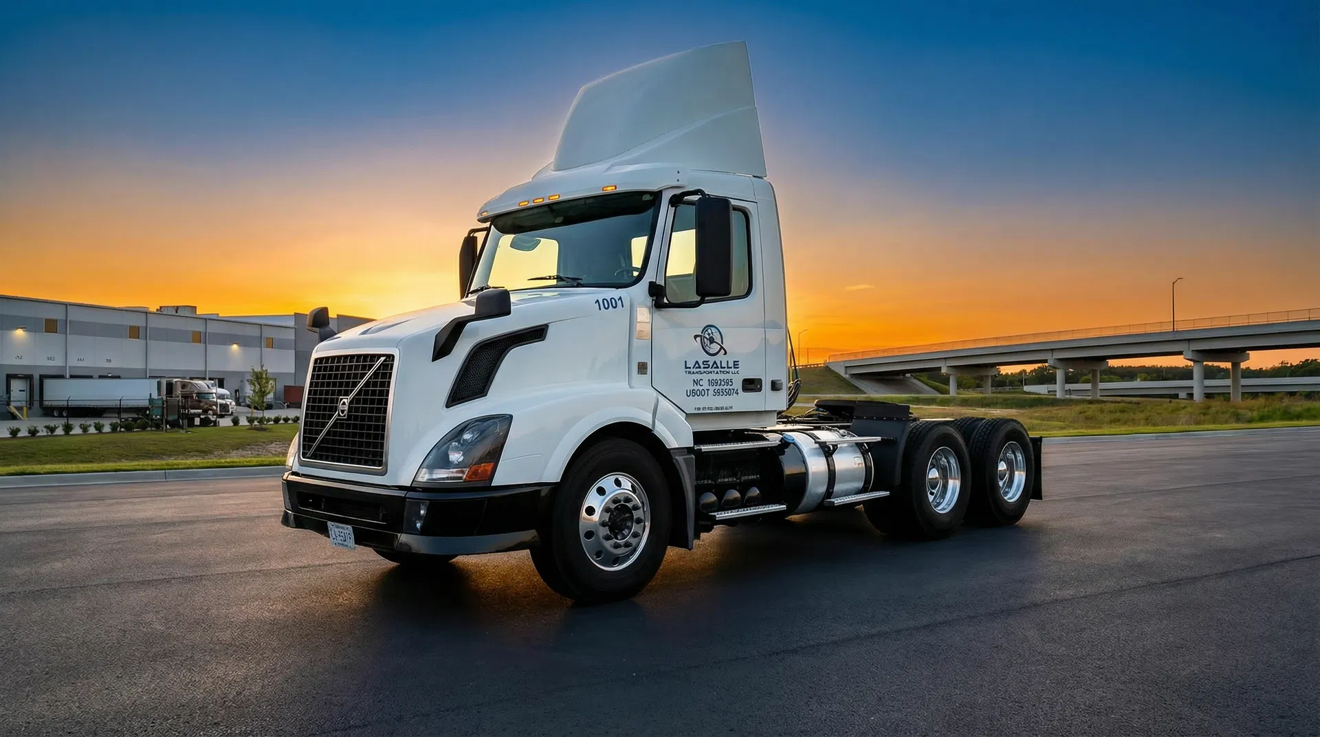 LaSalle Transportation branded Volvo truck at sunset
