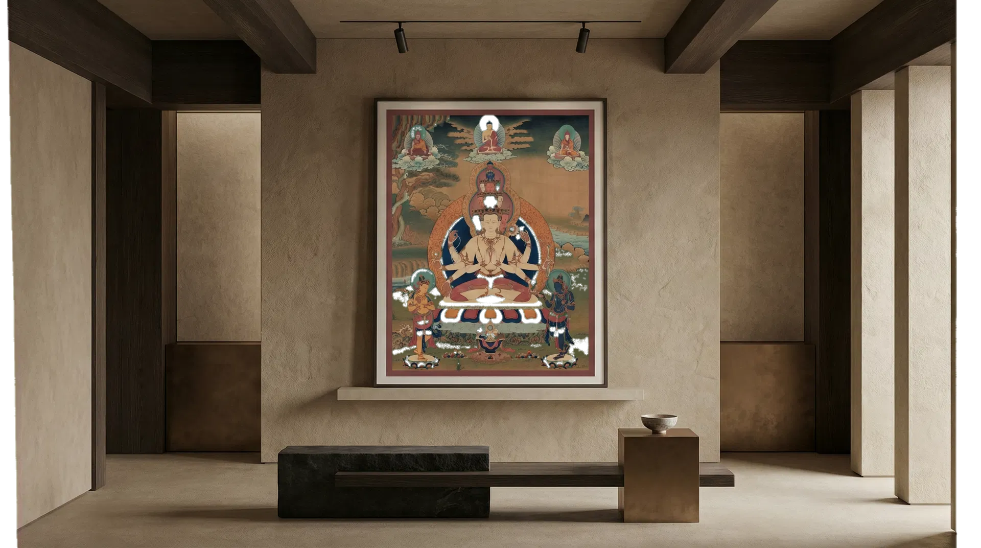 タンカ作品を静かな展示空間のトーンで見せるアートピースのイメージ