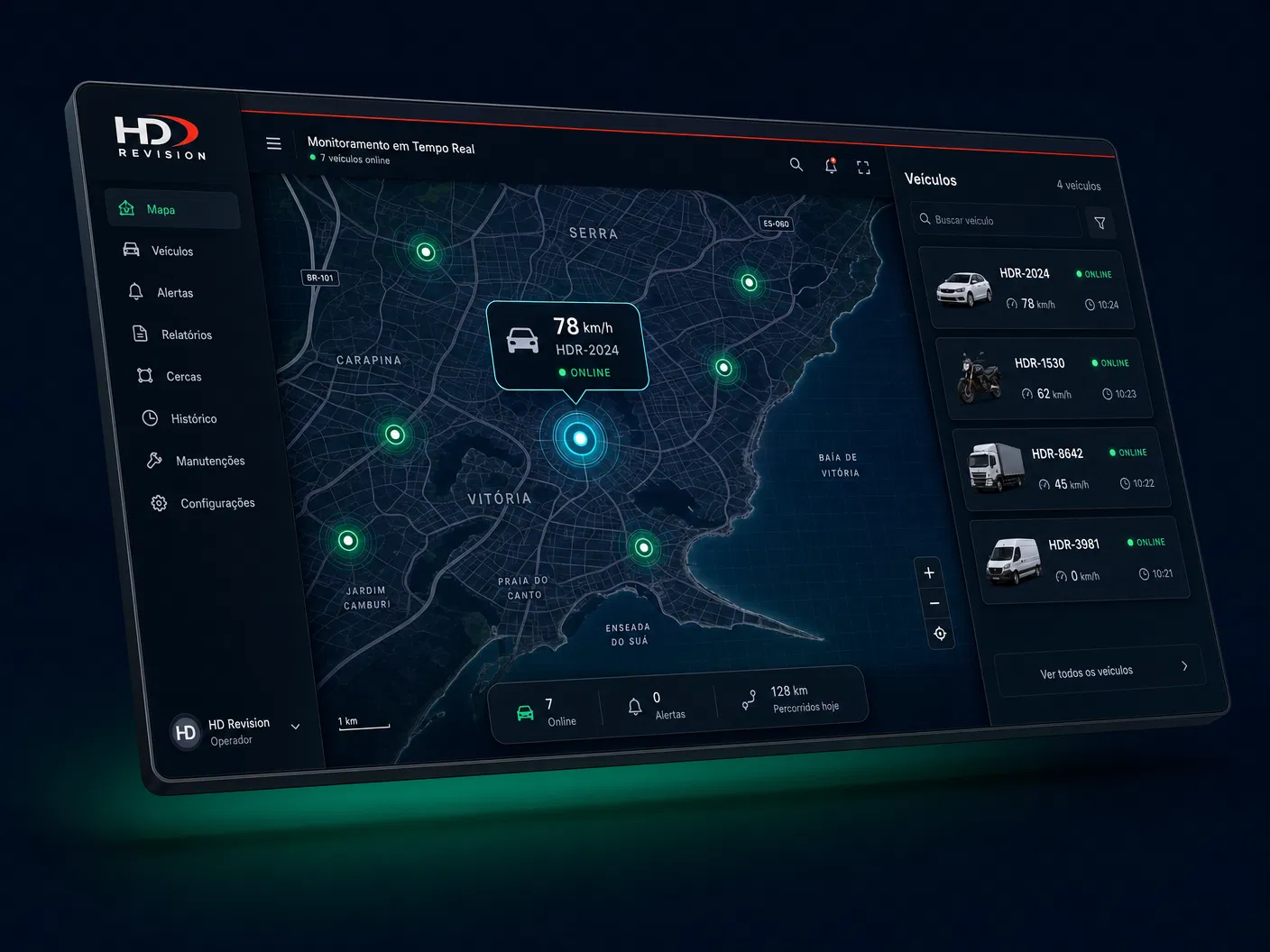 Painel de monitoramento HD Revision com mapa GPS e veículos em tempo real