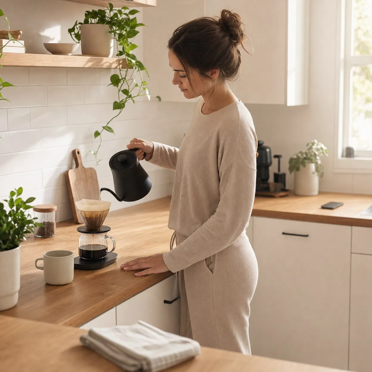 Person making coffee, no phone in hand