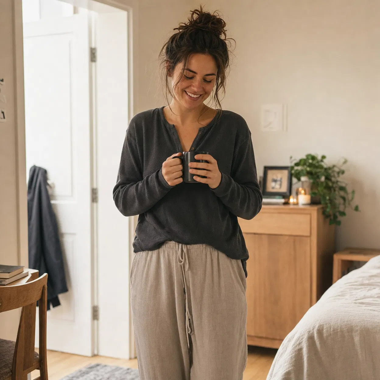 Real morning lifestyle — relatable person with coffee