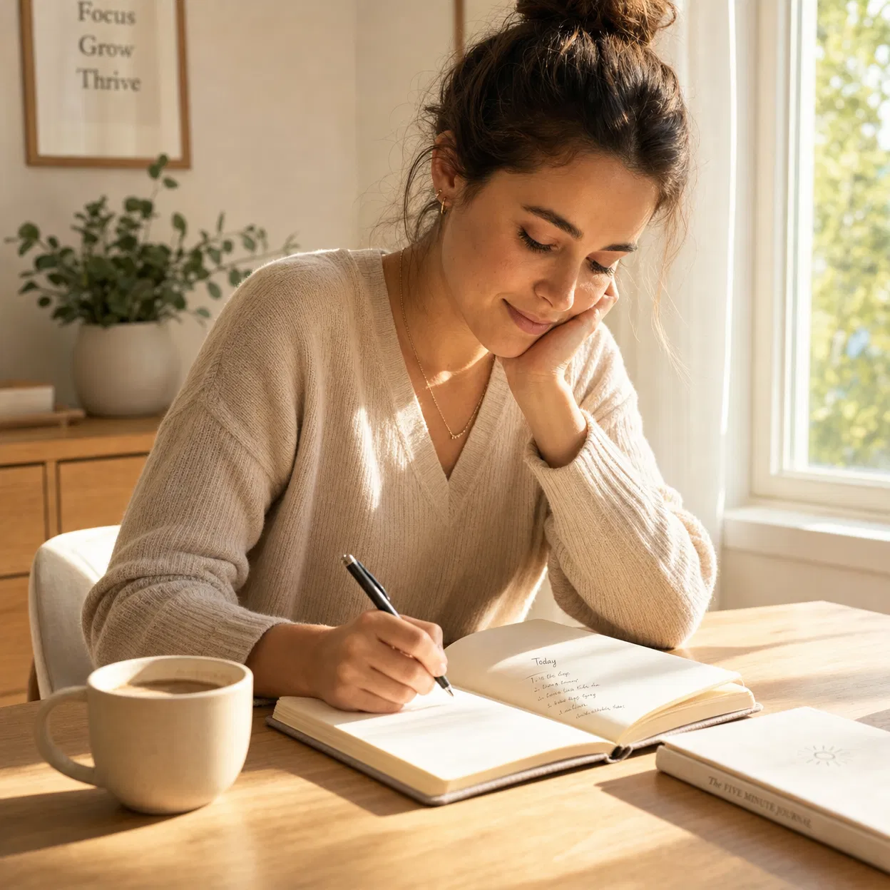 Person journaling in morning light