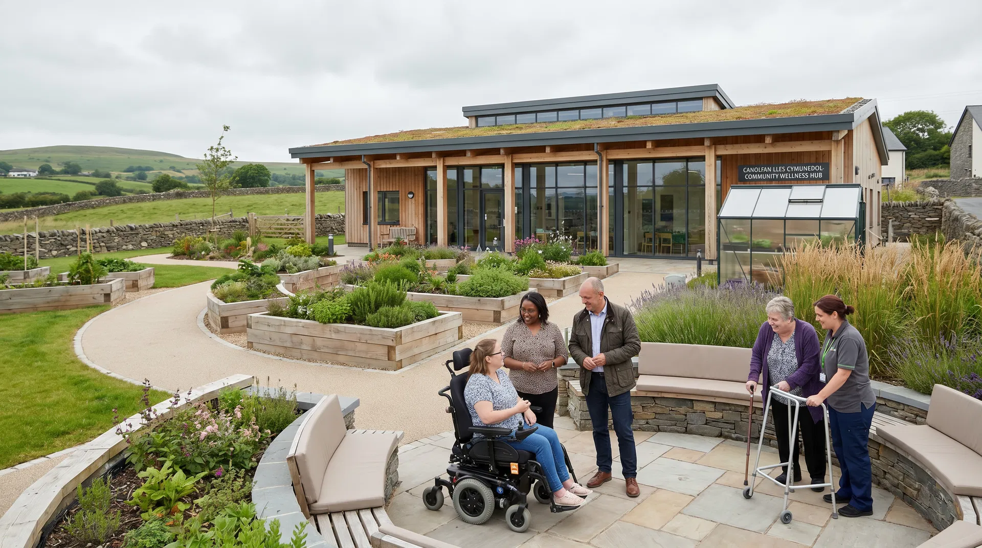 Gerddi therapiwtig a chanolfan lles cymunedol o fewn y datblygiad arfaethedig