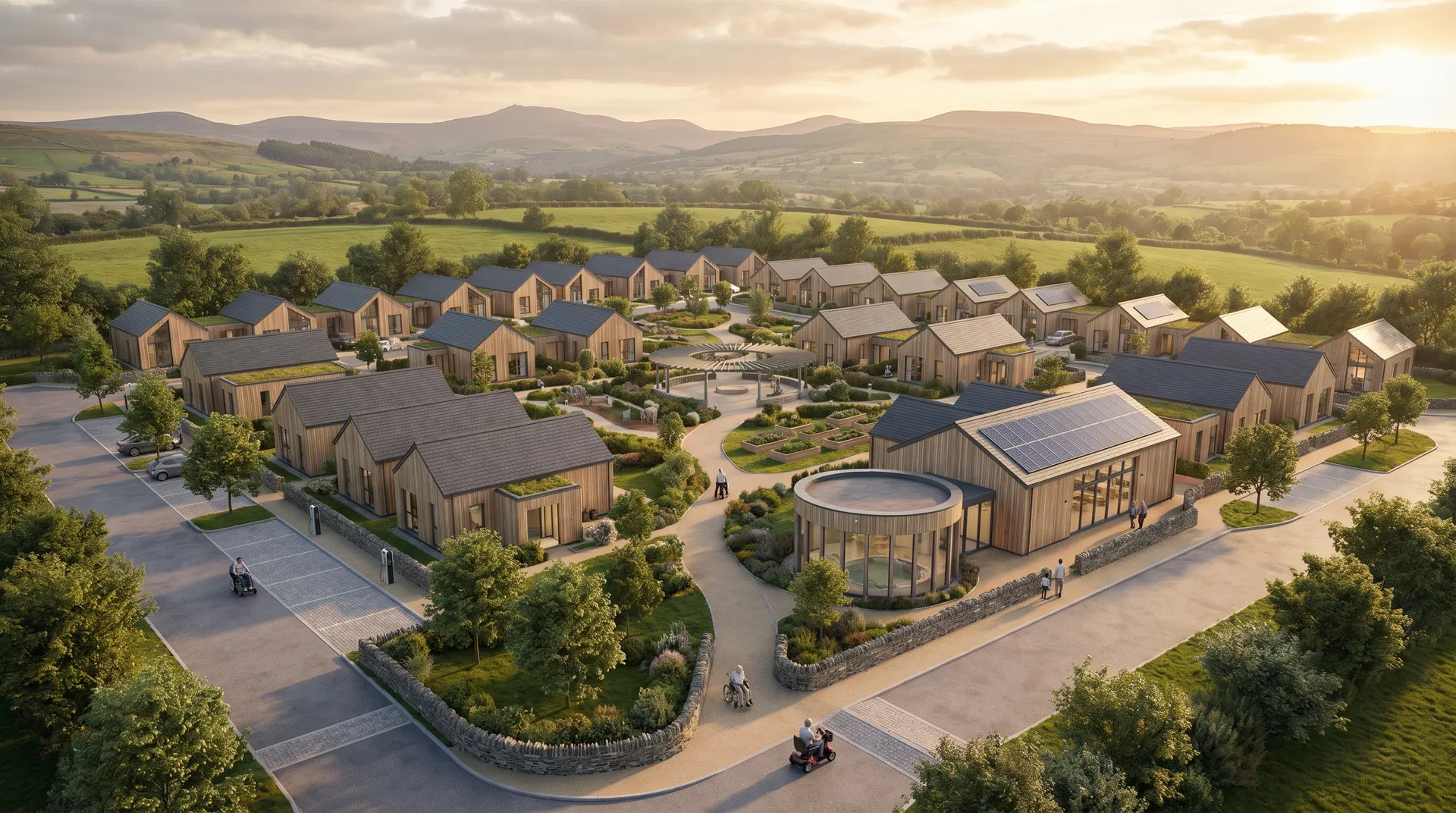 Delwedd awyrol o gymuned dai hygyrch fodiwlaidd arfaethedig yng Nghymru