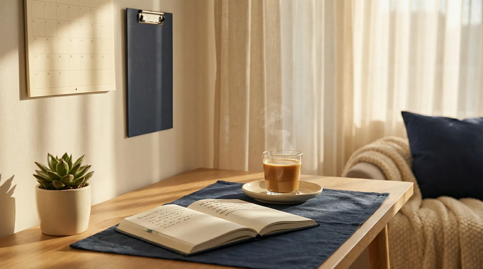 A calm morning workspace with journal and coffee