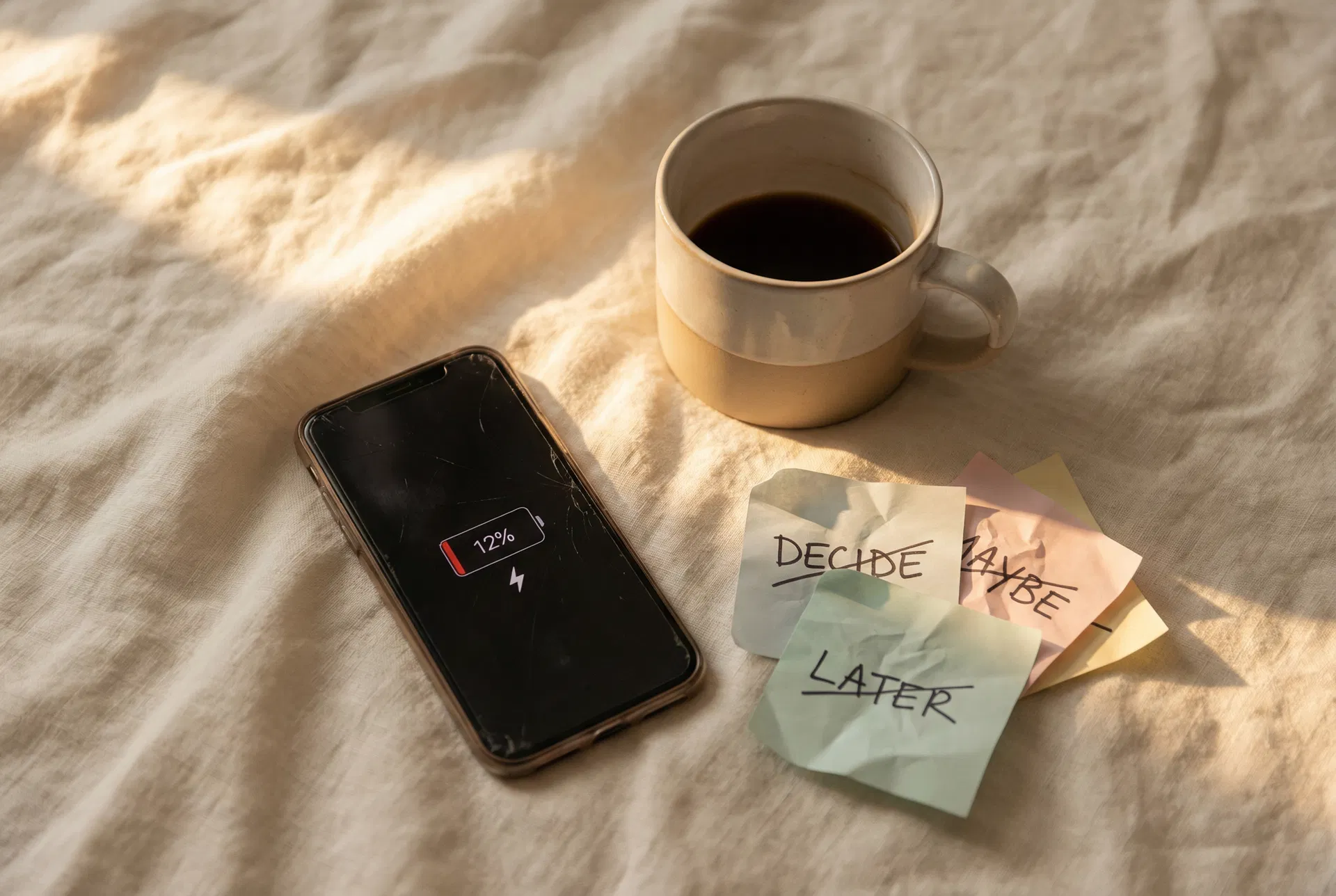 Phone at 12% battery — a metaphor for decision fatigue