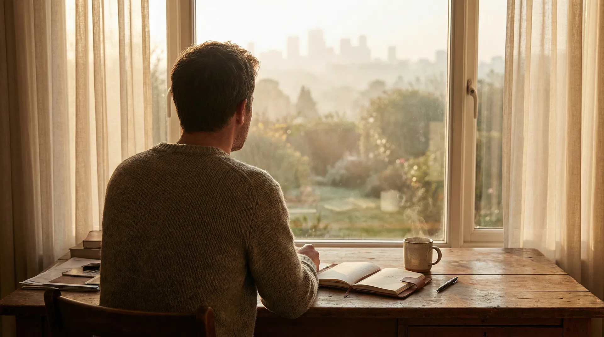 A person sitting by a window in soft morning light, journal nearby — calm, reflective