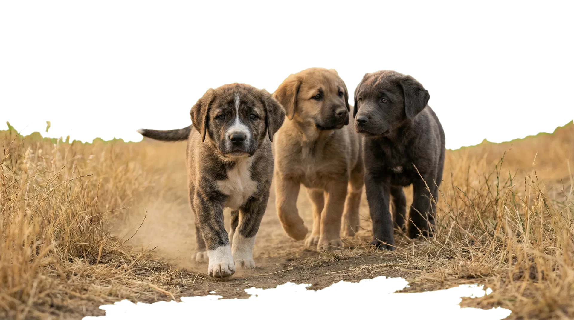 Three puppies walking across a California field