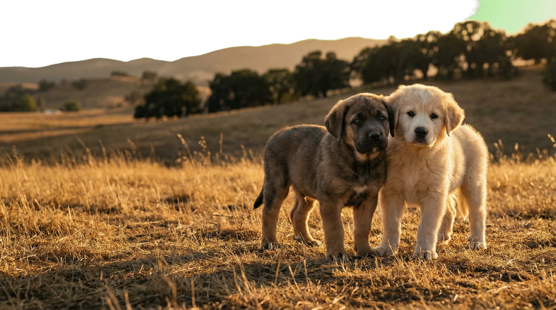 California field with puppies in warm evening light