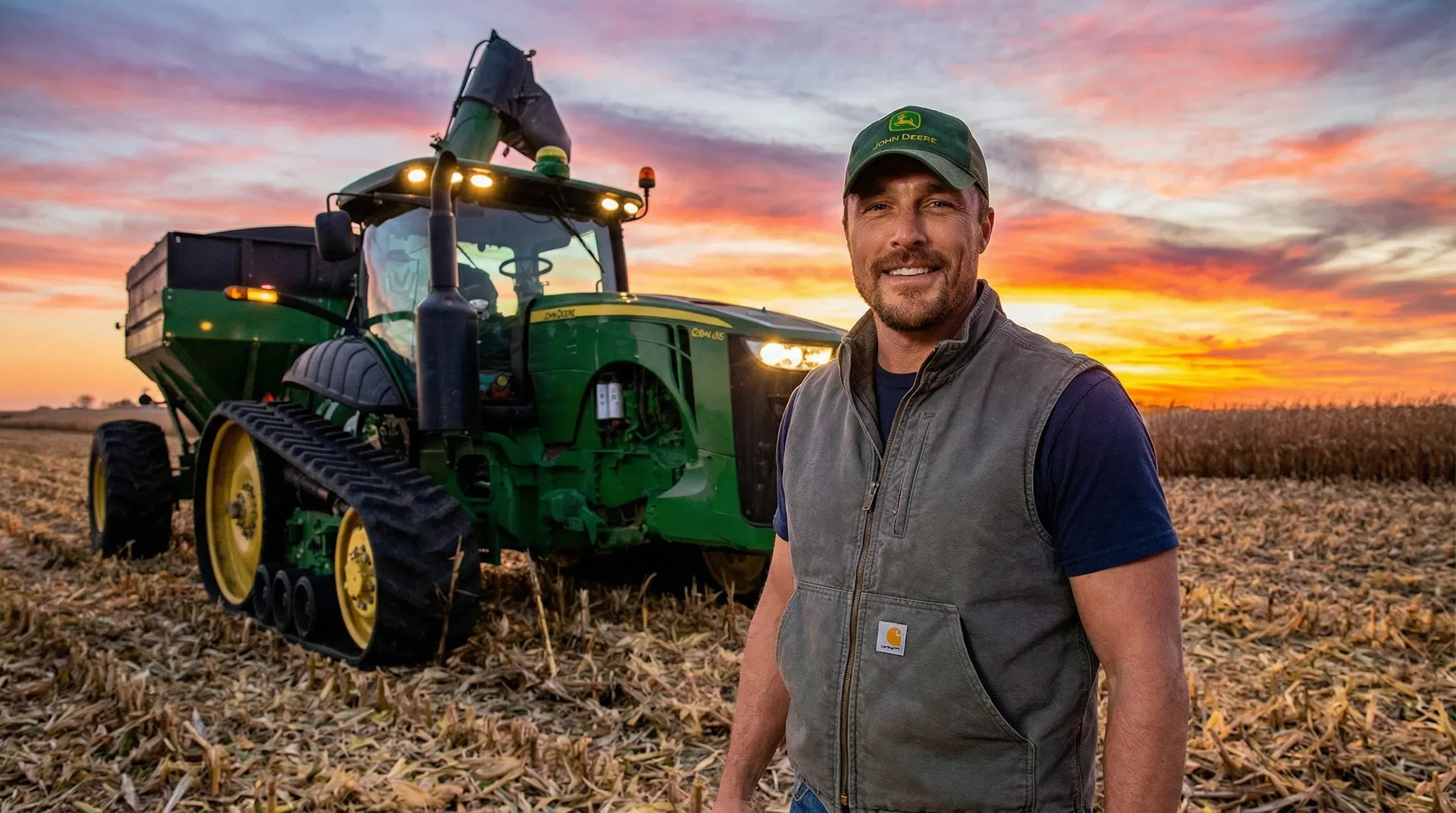 Chris Soules operating John Deere tractor at sunset