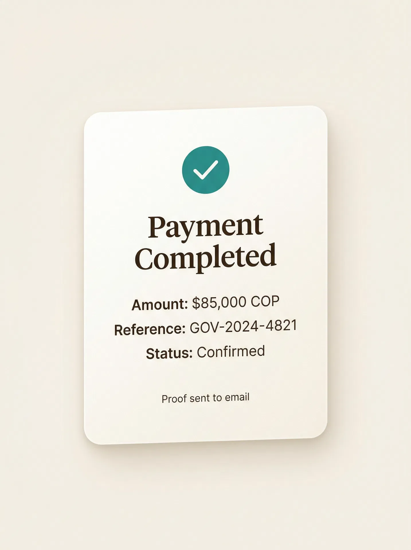 Payment completed confirmation showing amount, reference number, and confirmed status