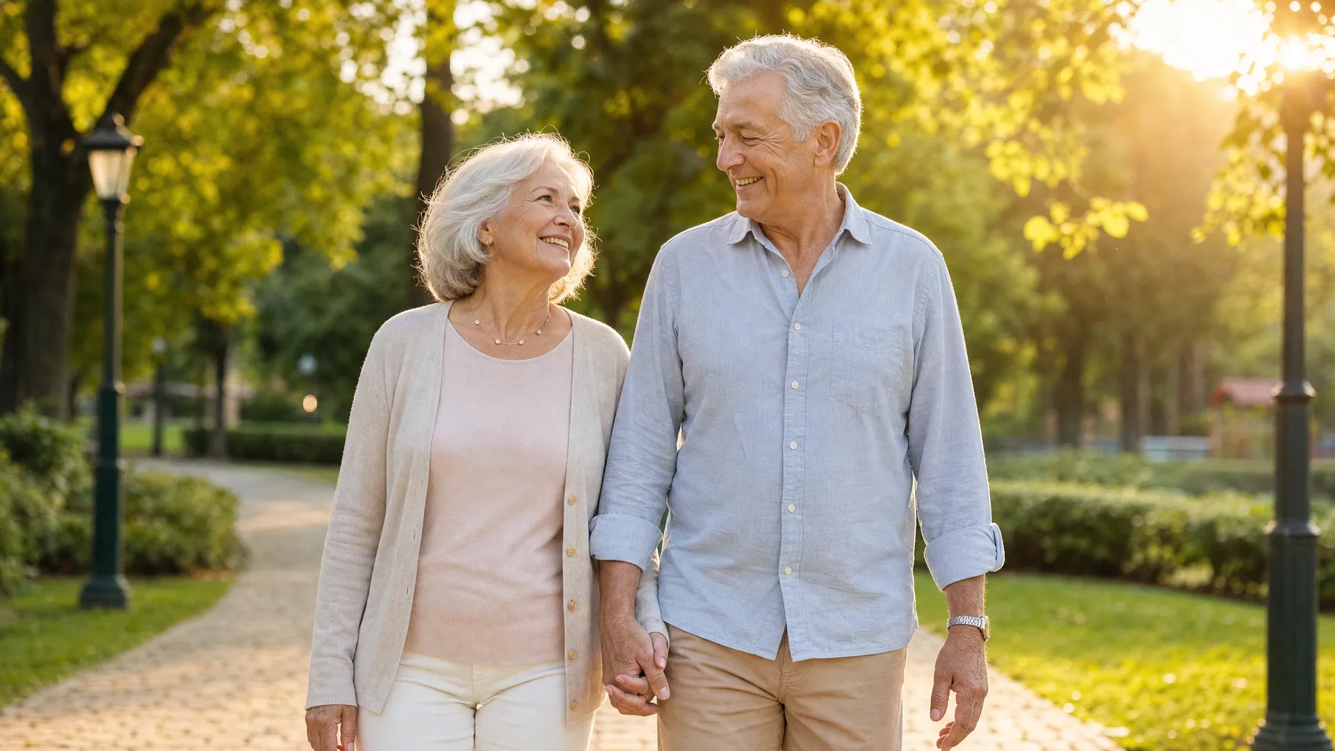 Happy couple walking in park