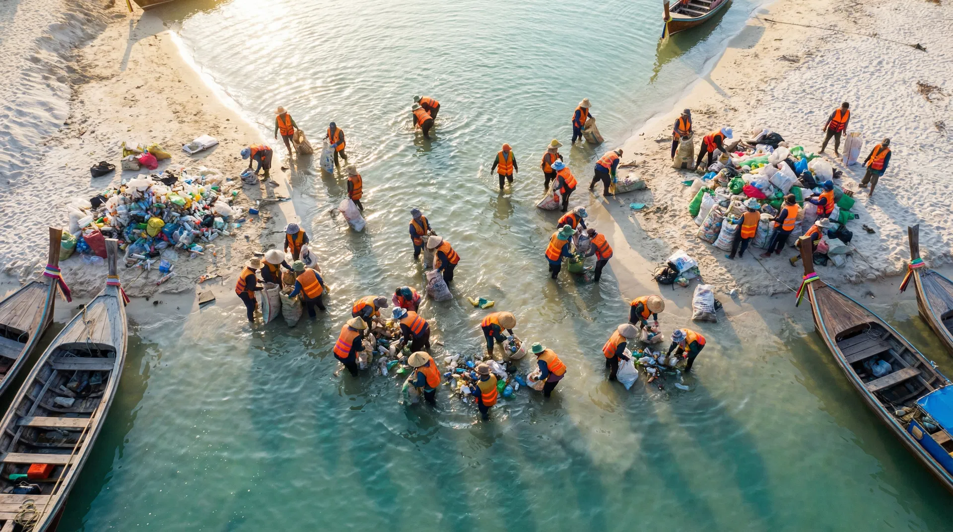 Local workers collecting plastic from Phuket river
