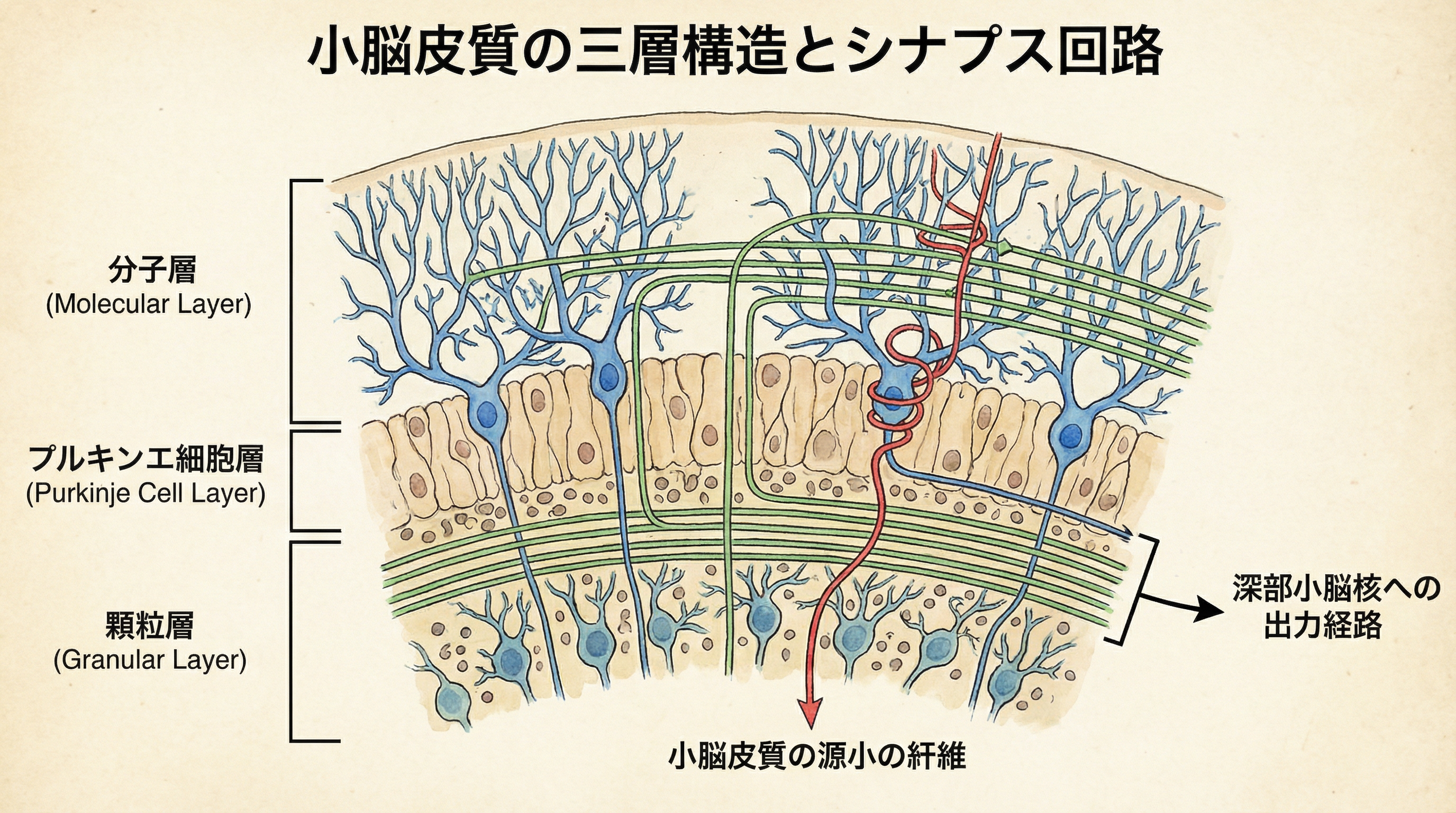 小脳皮質の三層構造：登攀線維による1対1の強力な修正指令と、平行線維による数万への分散入力