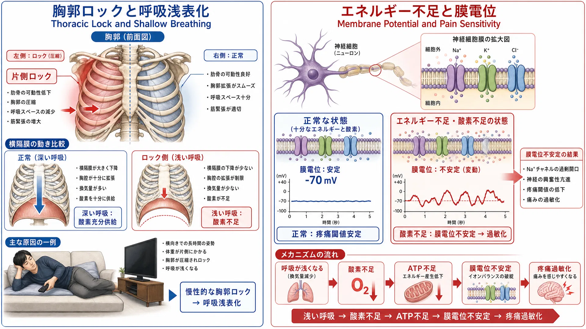 胸郭ロックと呼吸浅表化・膜電位不安定化による疼痛過敏のメカニズム