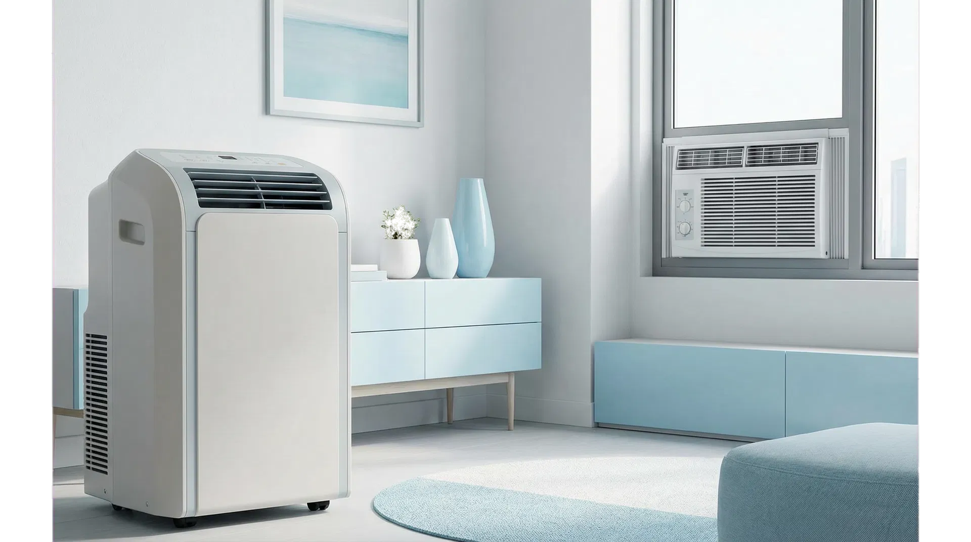 Bright apartment corner with a window air conditioner installed