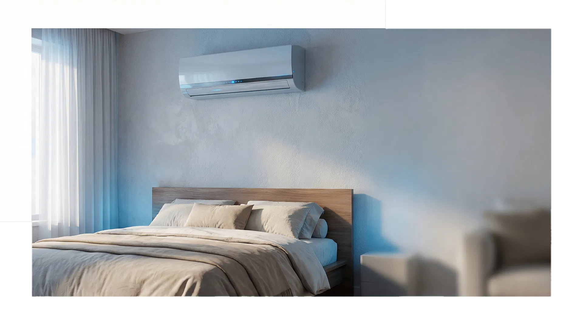 Split AC installed above a bed in a modern bedroom