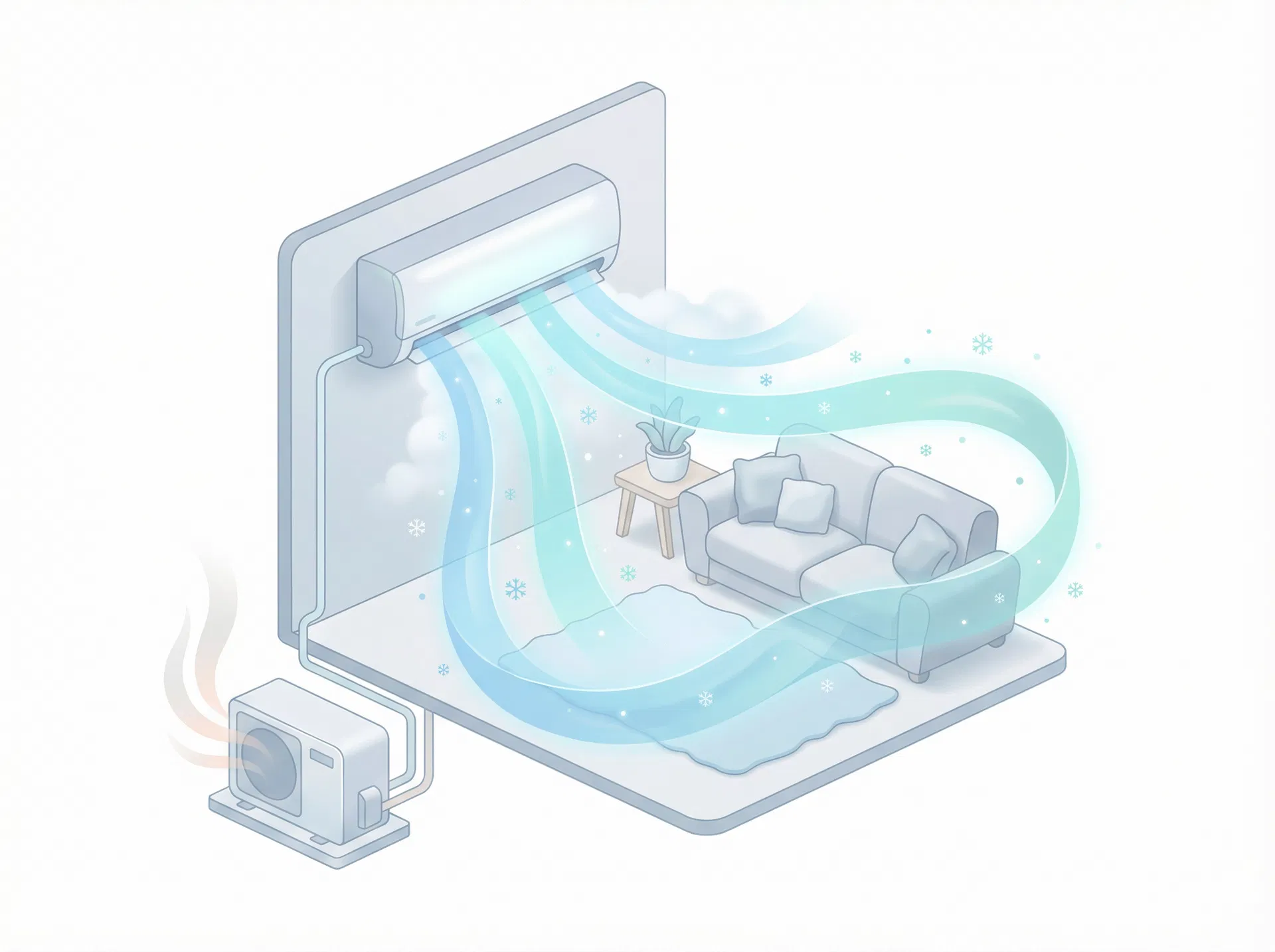 Illustration showing strong airflow coverage in a large interior