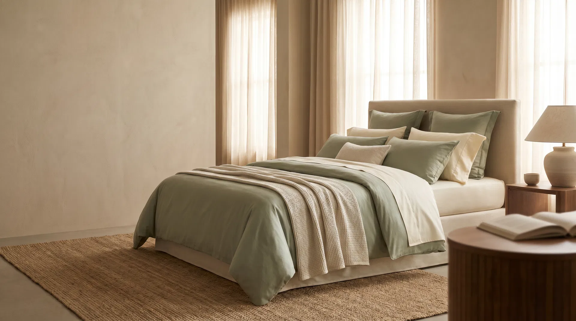 Luxury sage and ivory bedsheet hero styling