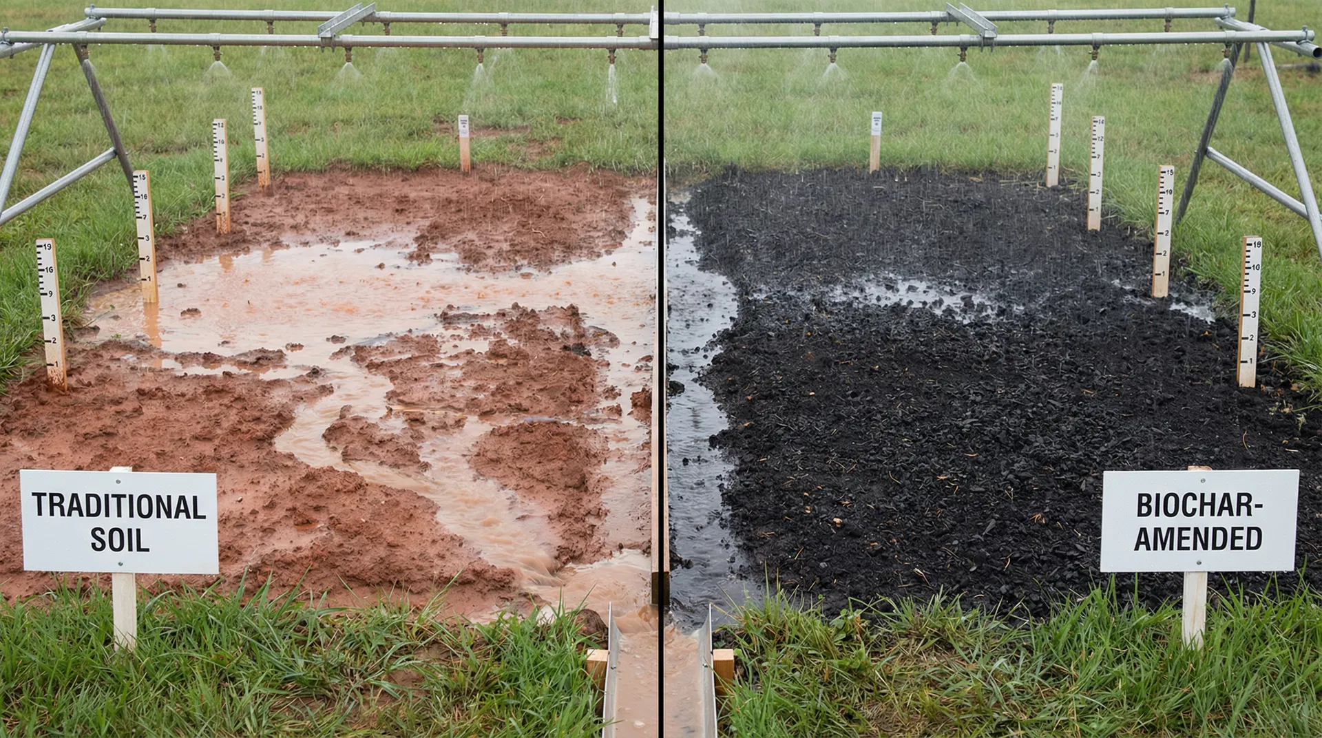 Infiltration comparison: biocarbon-amended media (left) vs. conventional soil (right)
