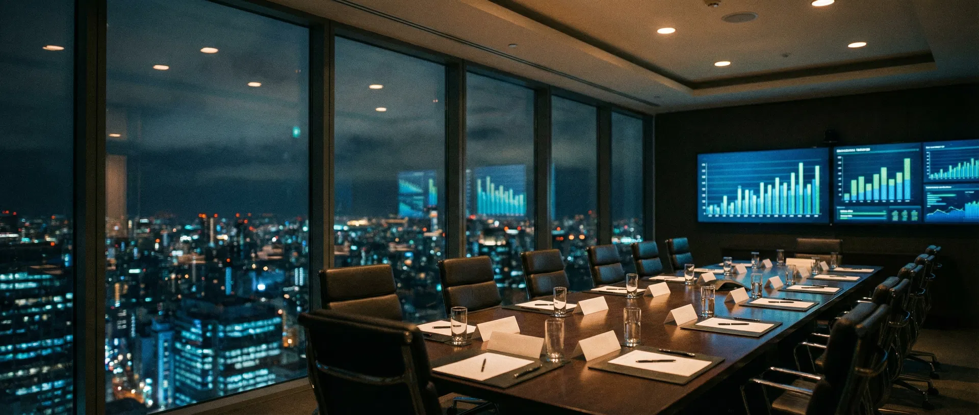 Corporate boardroom with financial screens