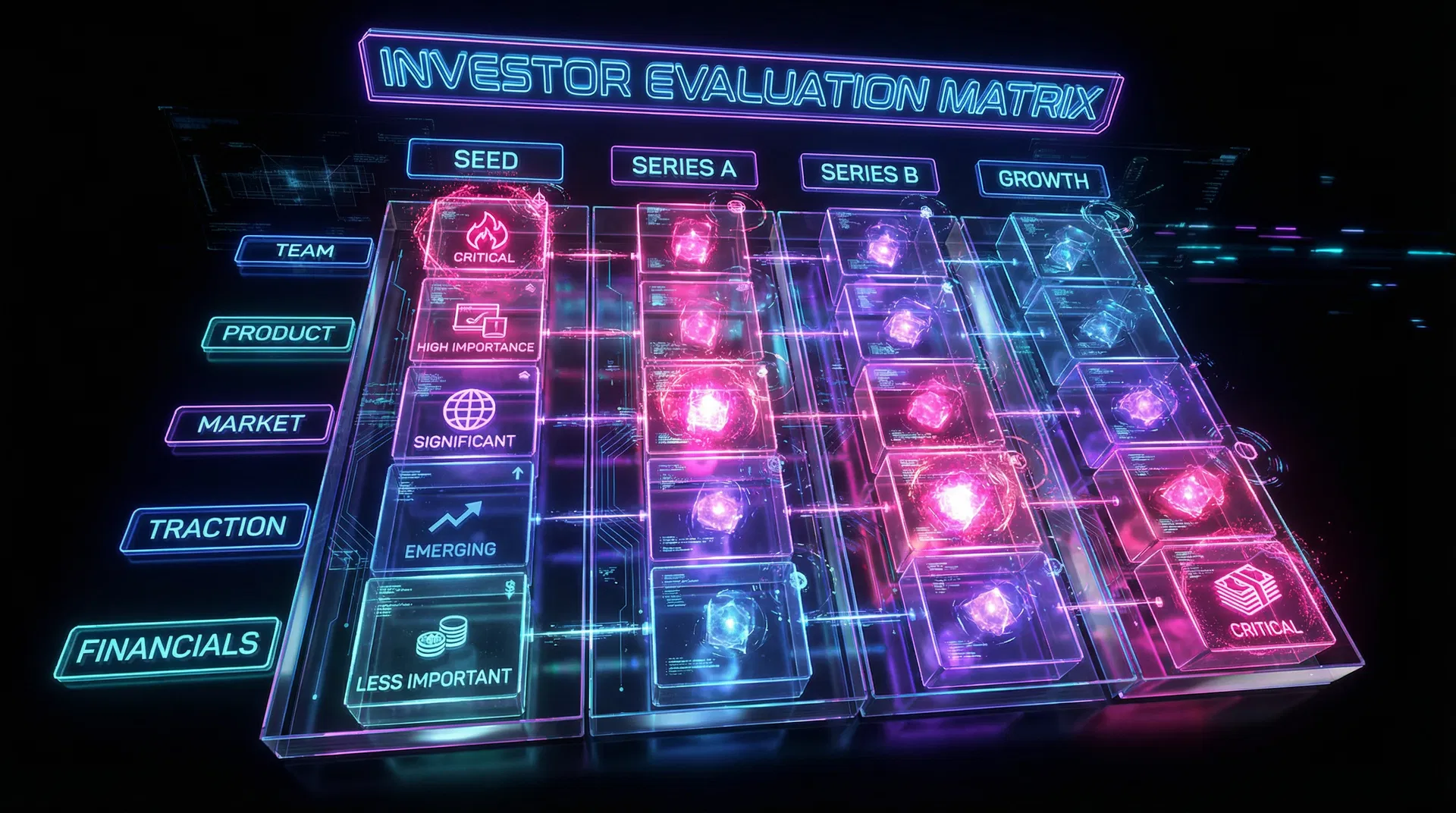 Investor Evaluation Matrix — what investors assess at each funding stage